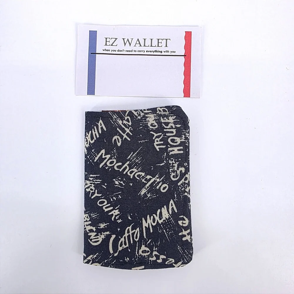 EZ‎ Wallet Coffee Print Fabric Slim Bifold Card Holder Navy Brown Barista Style